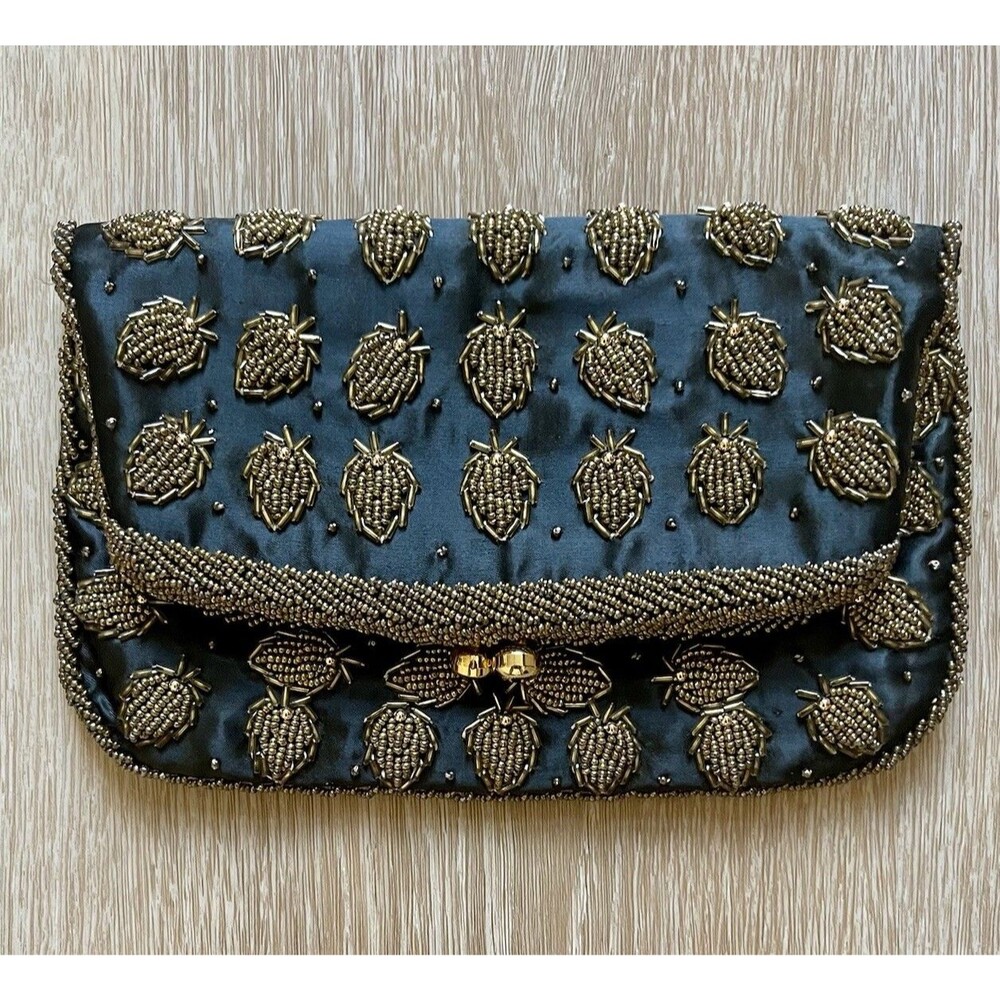 Vintage Black Satin Beaded Clutch Evening Bag Clutch Minaudiere